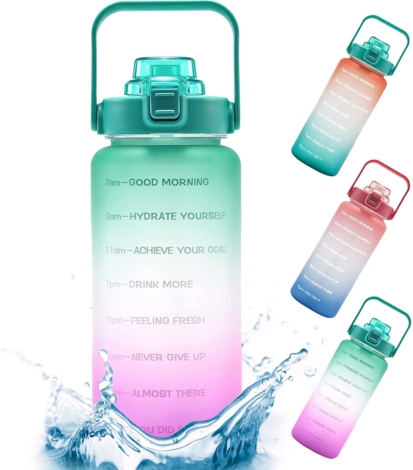 Half Gallon Water Bottle with Time Marker & Straw BPA Free Large 64oz