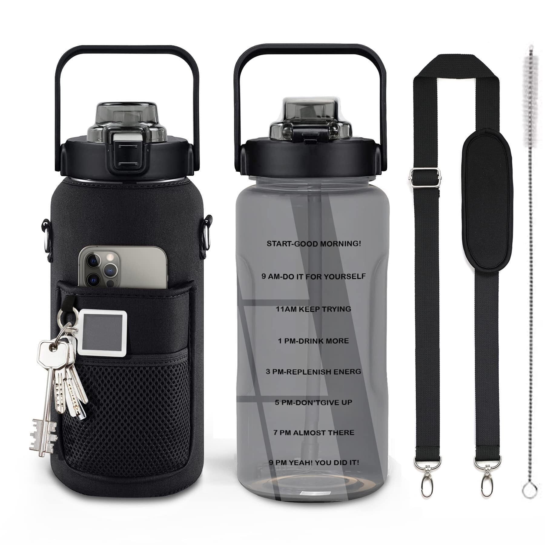 Half Gallon Water Bottle with Sleeve, 64OZ Motivational Water Bottle with Straw & Time Marker, BPA Free Leakproof Gym Water Bottle for Sport Workout