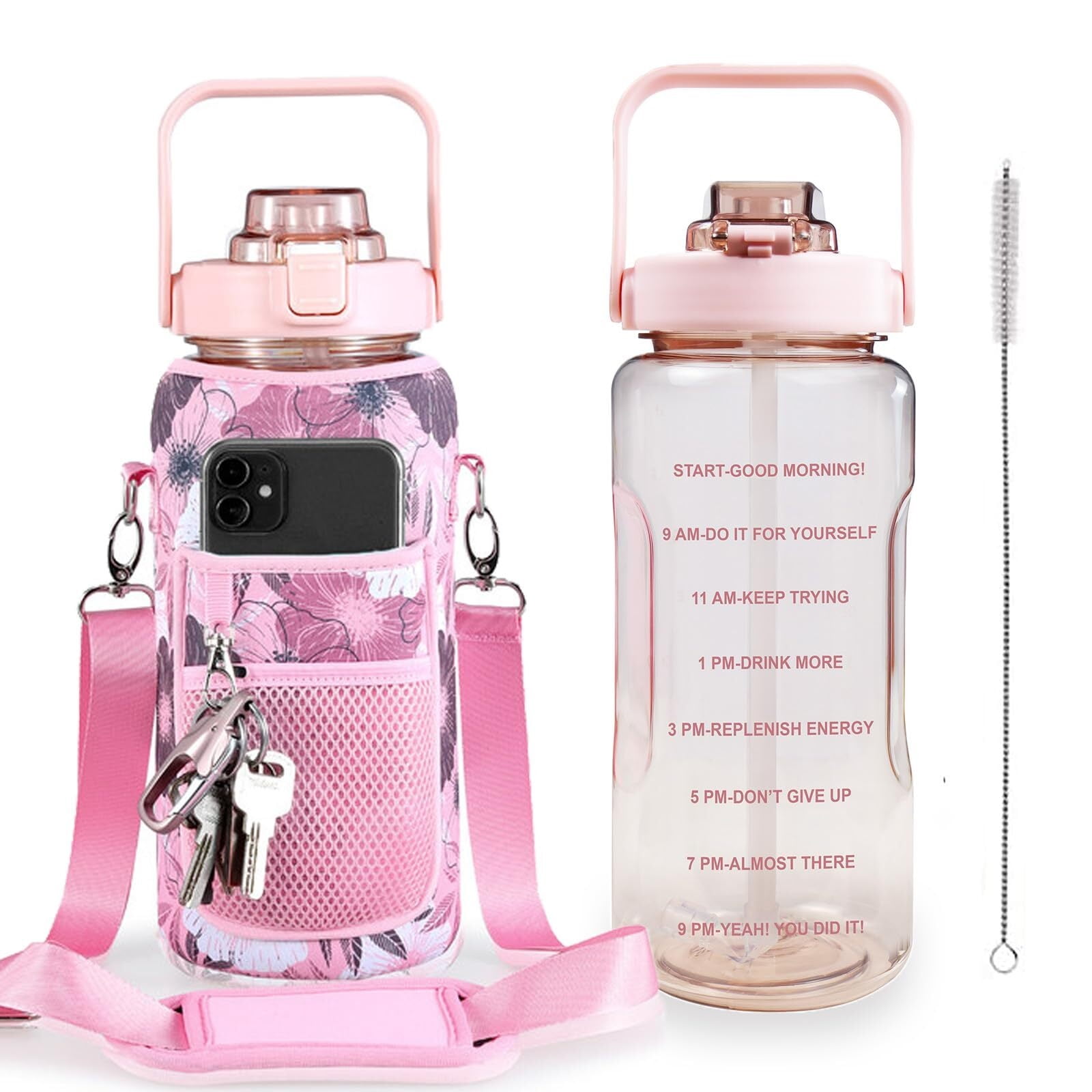 Half Gallon Water Bottle with Sleeve, 64OZ Motivational Water Bottle with Straw & Time Marker, BPA Free Leakproof Gym Water Bottle for Sport Workout