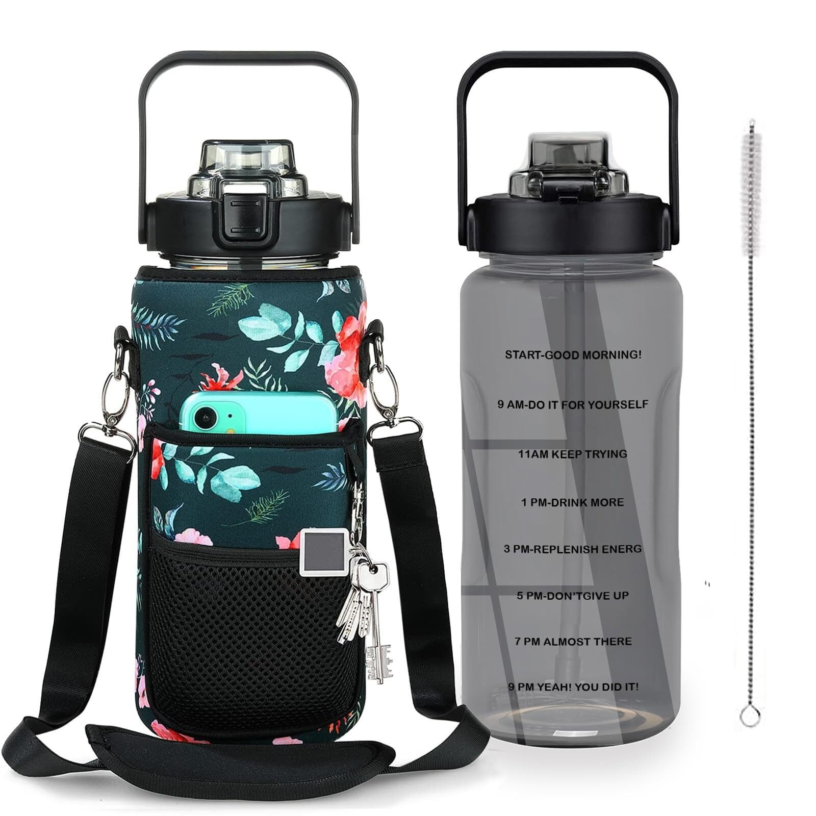 Half Gallon Water Bottle with Sleeve, 64OZ Motivational Water Bottle with Straw & Time Marker, BPA Free Leakproof Gym Water Bottle for Sport Workout