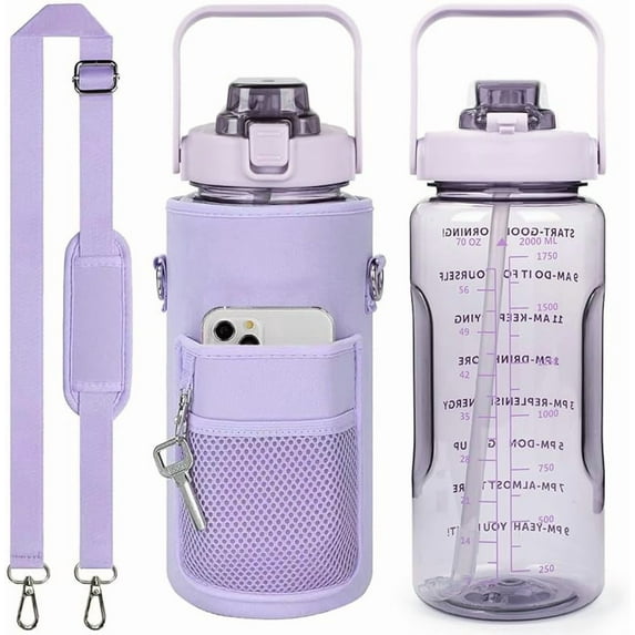 Half Gallon Water Bottle with Sleeve, 64OZ Motivational Water Bottle with Straw & Time Marker, BPA Free Leakproof Gym for Sport Workout