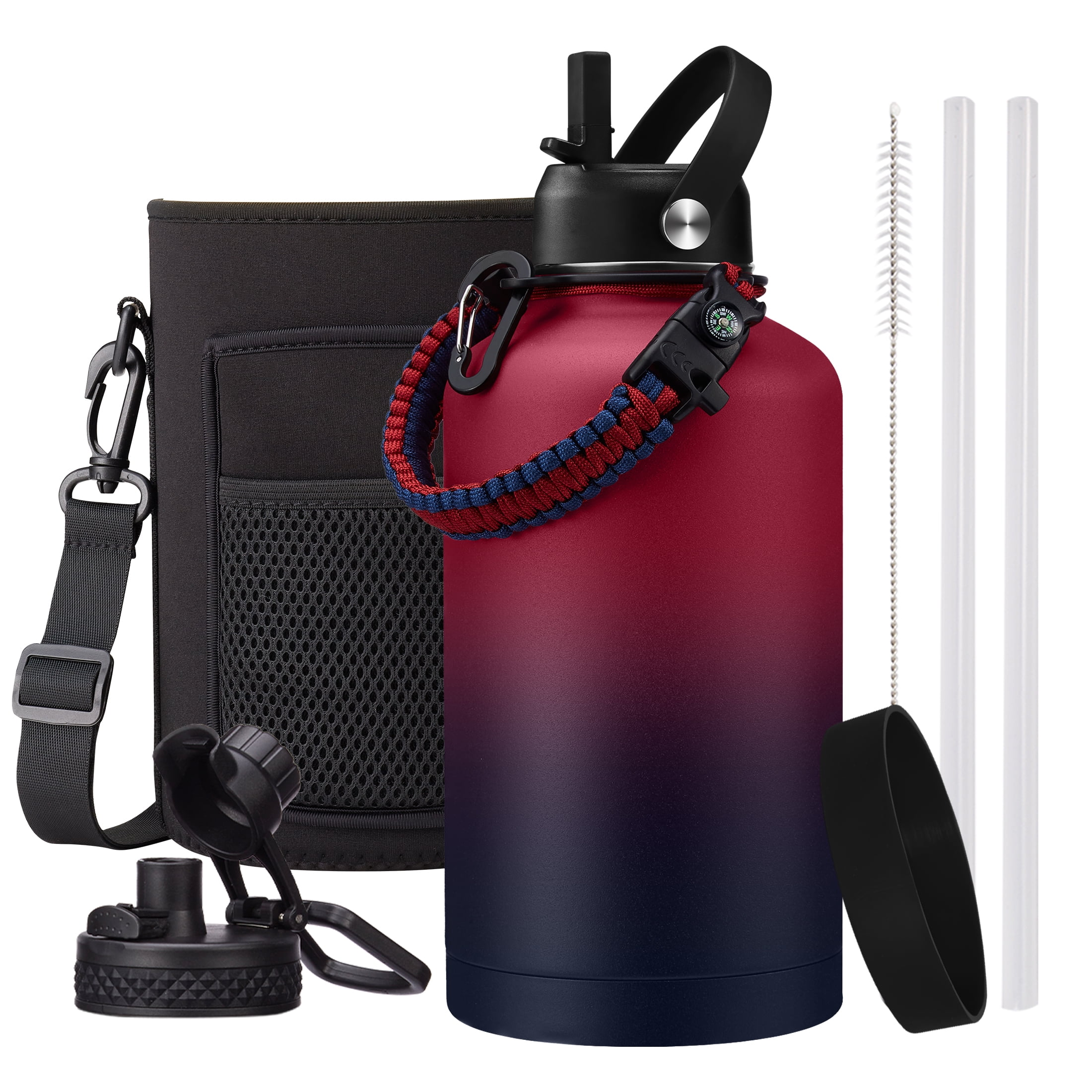 Half Gallon Water Bottle with Straw & Spout Lid, Carrying Pouch
