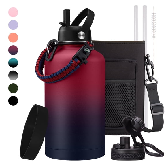 Half Gallon Water Bottle with Straw & Spout Lid, Carrying Pouch, Paracord Handle, 64oz Water Bottle Triple Wall Thermal Sweat-Proof Gallon Water Jug
