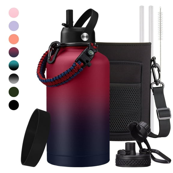 Half Gallon Water Bottle with Straw & Spout Lid, Carrying Pouch, Paracord Handle, 64oz Water Bottle Triple Wall Thermal Sweat-Proof Gallon Water Jug