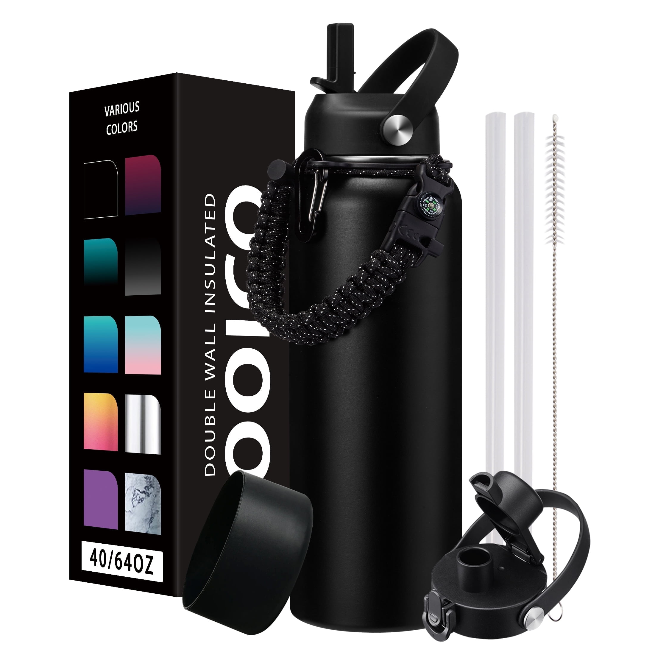 Vacuum Insulated Water Bottle 40oz - with Straw & Spout Lids, Paracord Handle for Sport, Protective Cup Mat, BPA-Free Reusable Insulated Water Bottle - Black Hydro Bottle with Straw,Cold-48H Hot-24H