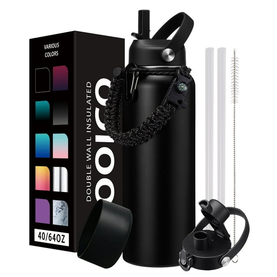 Vacuum Insulated Water Bottle 40oz - with Straw & Spout Lids, Paracord Handle for Sport, Protective Cup Mat, BPA-Free Reusable Insulated Water Bottle - Black Hydro Bottle with Straw,Cold-48H Hot-24H
