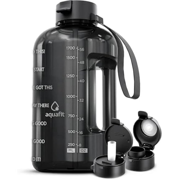 Half Gallon Water Bottle with Time Marker - Straw & Chug Lid - BPA Free Gym Water Bottle with Straw - Big Gallon Jug (Gray, 64 oz - 2 Lids)