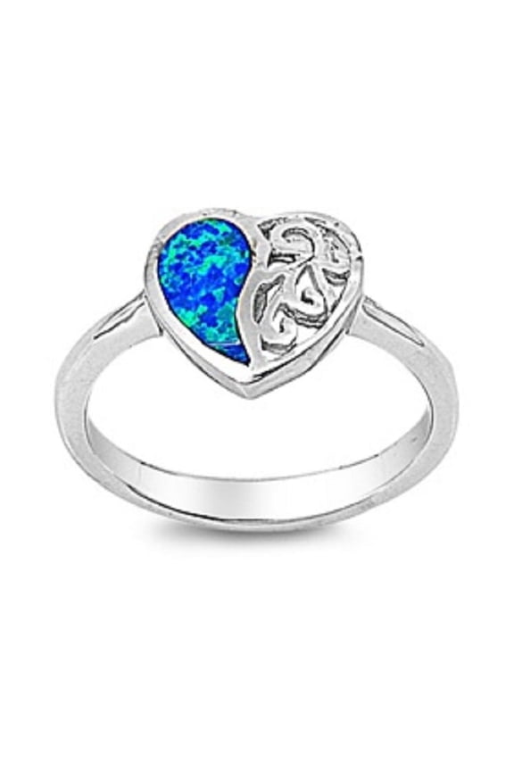 Half Heart Filigree Blue Simulated Opal Ring Sterling Silver Size 9
