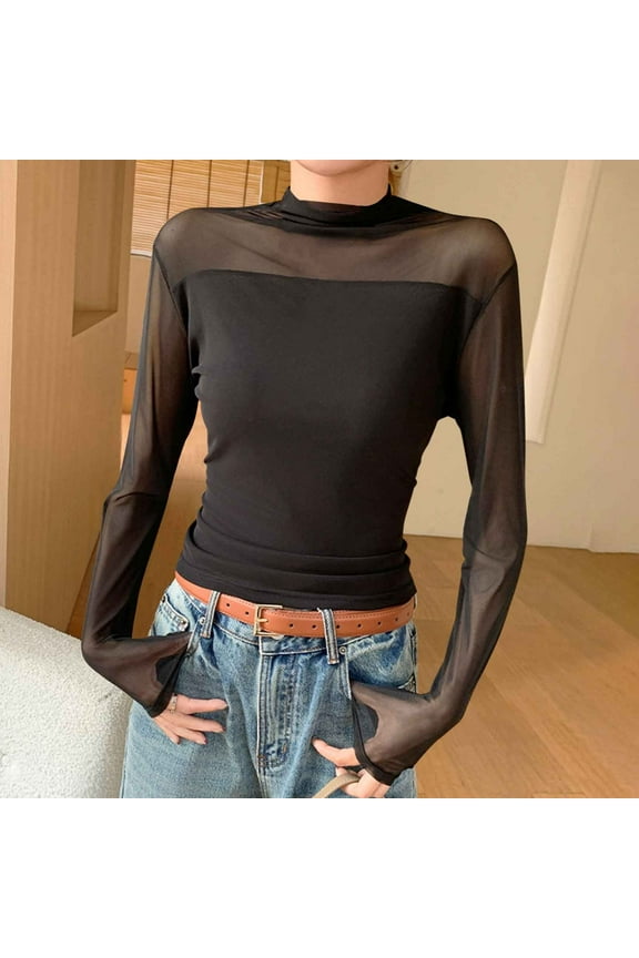 Half High Collar Lace Double-layer Mesh Base Shirt For Women Long Sleeved T-shirt Slim For Women