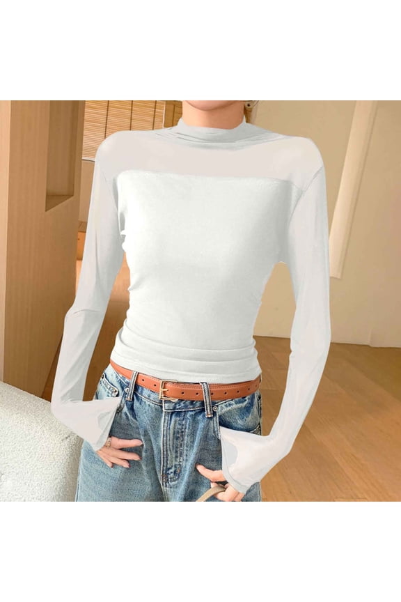 Half High Collar Lace Double-layer Mesh Base Shirt For Women Long Sleeved T-shirt Slim For Women