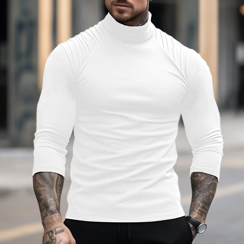 Half High Neck Men Solid Long Sleeve T-Shirts Spring Autumn