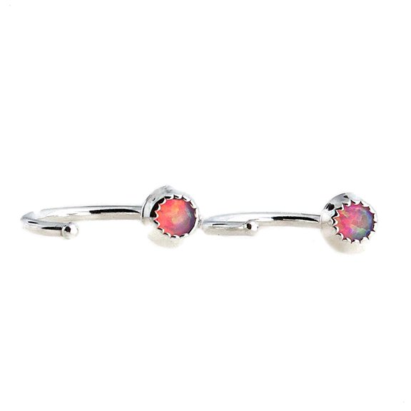 Half Huggie Silver Hoop Earrings for Women Tiny Cartilage Birthstone Stud Piercing Earring Hypoallergenic Screw Back Dainty Cartilage Hoops (Pink Opal 3mm / 19 gauge)