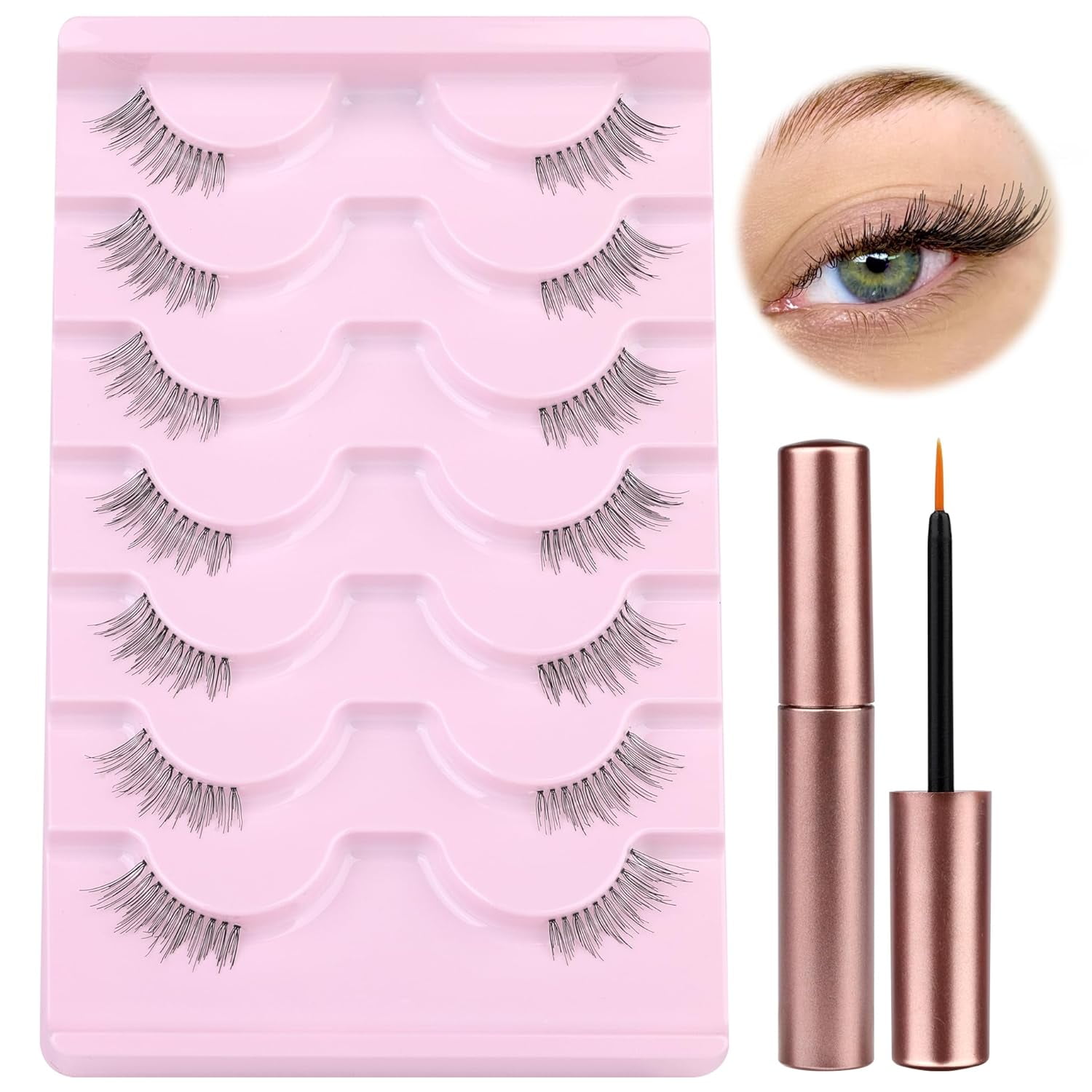 Half Lashes Narural Look Eyelashes Wispy Cat Eye Lashes with Glue Clear Band Half Eyelashes Natural Lashes that Look Like Extensions 3/4 Corner Eyelashes with Glue 7 Pairs Black
