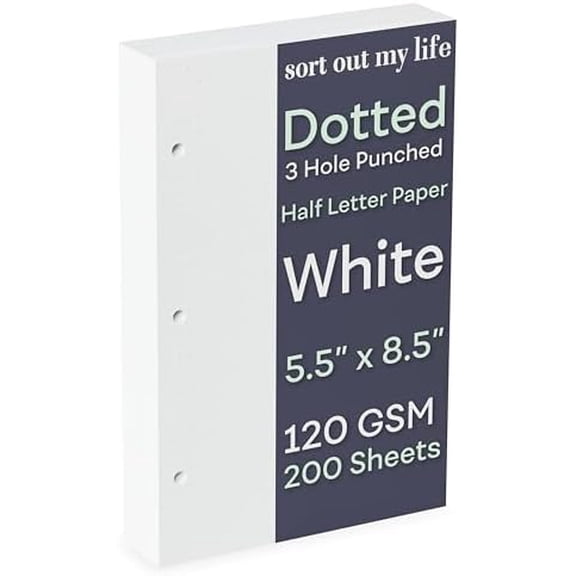 Half Letter 3-Hole Punched Dot Grid Paper, 200 Sheets, 120 GSM, 5.5 x 8.5 inch, Dotted Paper Planner Refill Inserts for Mini-Binders and 3-Ring Half Letter Binders$$Office