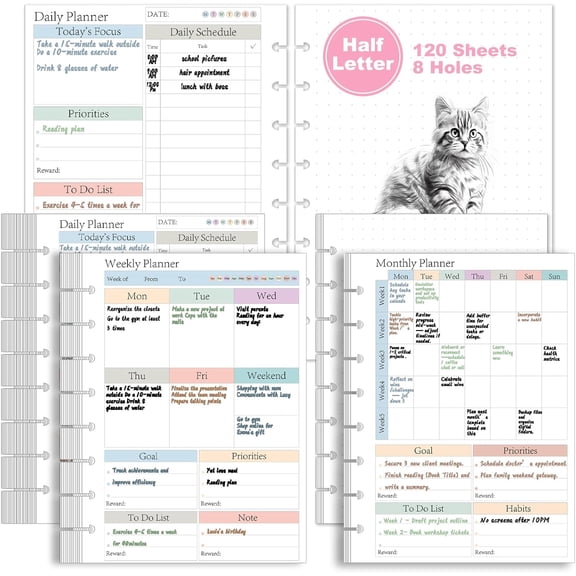 Half Letter 8-Hole Discbound Planner Refill Pages Planner Inserts 5.5" x 8.5" for Discbound Notebook Daily Weekly Monthly 120 Sheets/240 Pages Undated Planners Refill Paper 120 GSM for 3 Months
