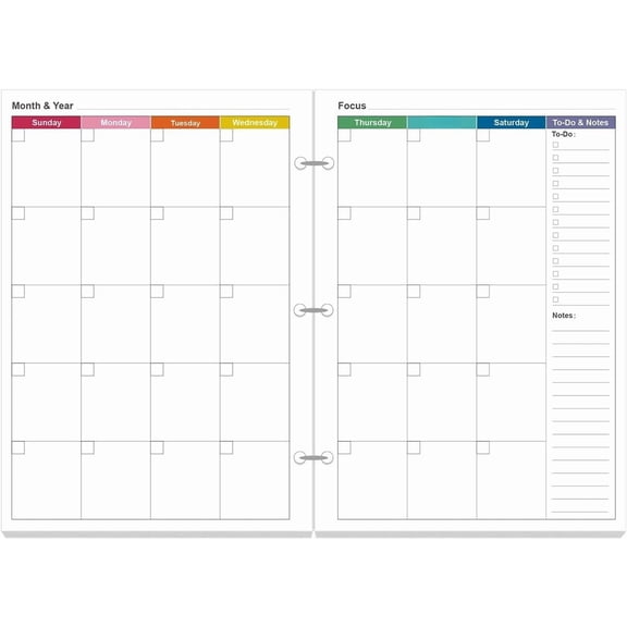 Half Letter Size Monthly Planner Refills for 3 Ring Mini Binders - 53 Sheets/106 Pages Undated Colorful Monthly Planner, 3-Hole Punched, 100 gsm White Paper, Lasts 2 Year, Undated, 5.8" x 8.3"