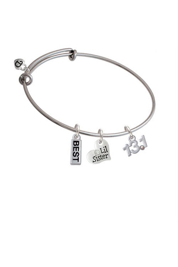 Half Marathon - 13.1 with Clear AB Crystal Lil Sister Heart Expandable Bangle Bracelet