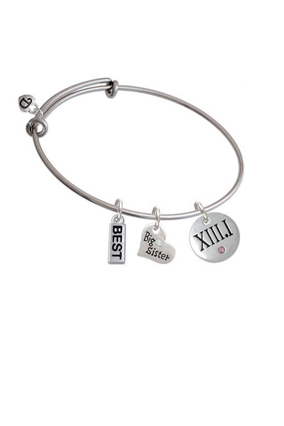 Half Marathon with Pink Crystal Roman Numeral Big Sister Heart Expandable Bangle Bracelet