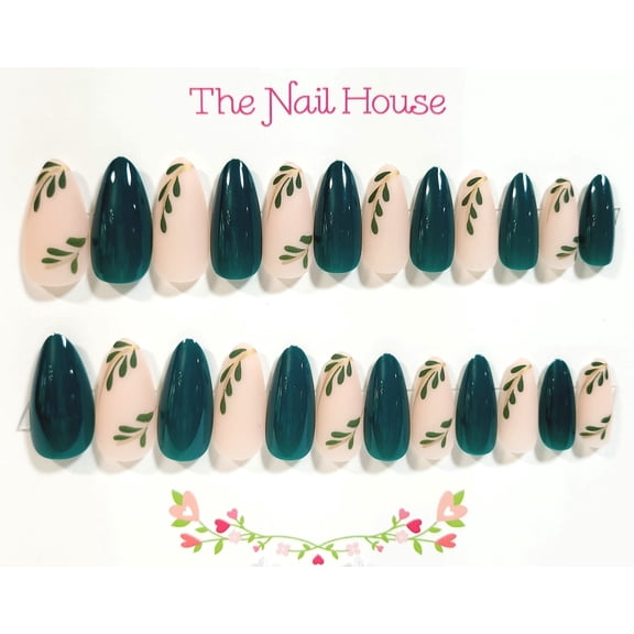 Half Matte Delicate Foliage Almond Press-On Nails - 24 Pieces - Artificial Nail Kit
