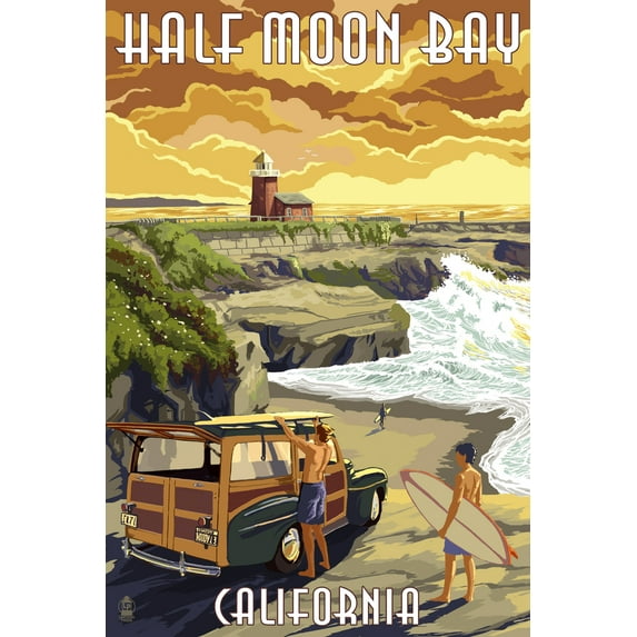 Half Moon Bay, California, Woody and Lighthouse (24x36 Giclee Gallery Art Print, Vivid Textured Wall Decor)