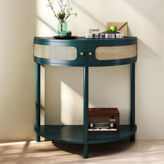 Half Moon Console Table,2-Tier Modern Entryway Table with Storage,Boho Small Entry Sofa Table with Solid Leg and Bottom Shelf for Living Room,Hallway (Blue-Green)