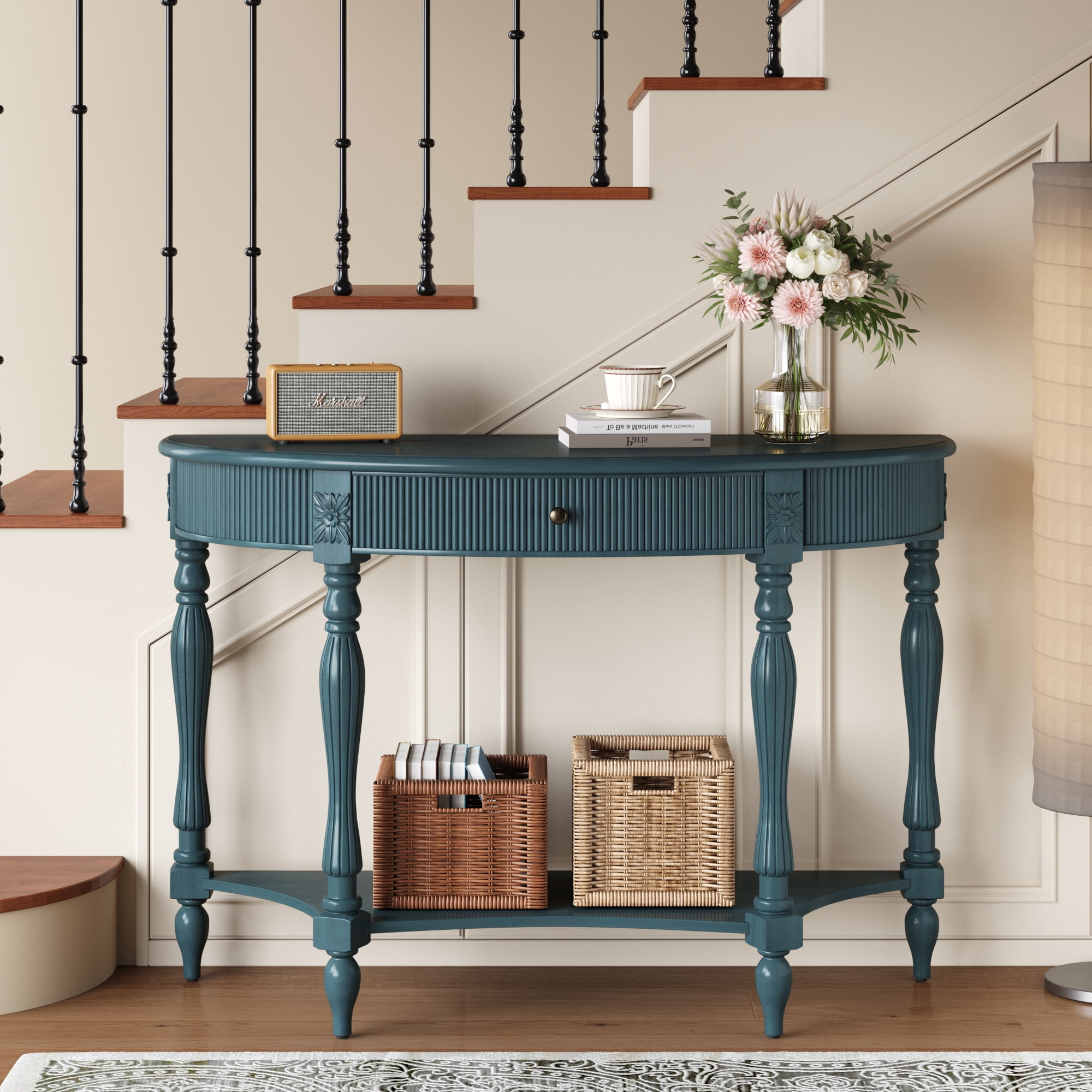 Half Moon Console Table 31.5x11.8x31.5 Inch Solid Wood Fluted Drawer for Entryway Living Room