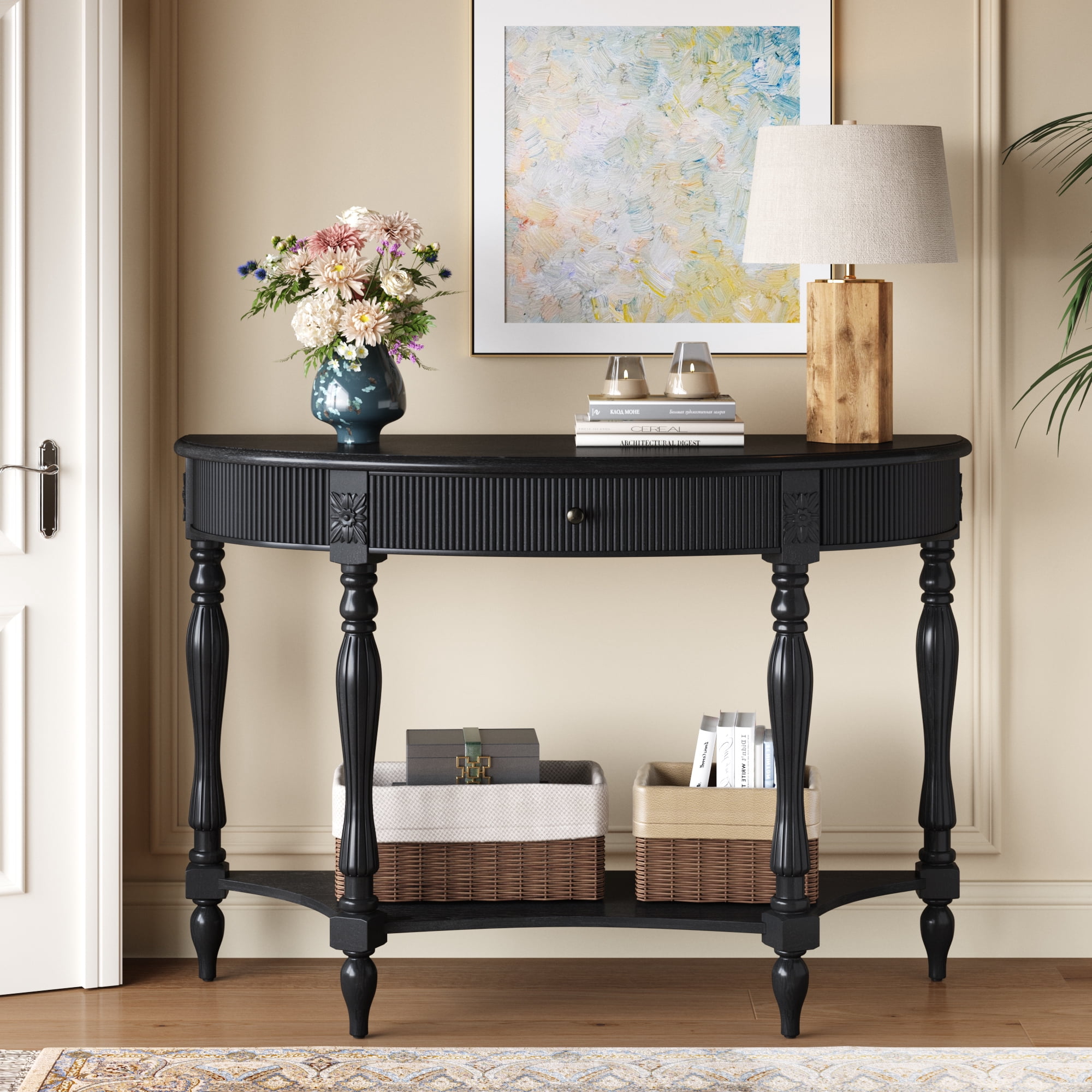 Half Moon Console Table 31.5x11.8x31.5 Inch Solid Wood Fluted Drawer for Entryway Living Room