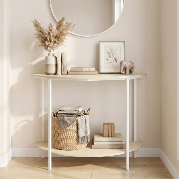 Half Moon Console Table 40 Inch 2-Tier Entryway Table with Storage Shelf and Sturdy Metal Frame for Living Room Hallway Foyer Oak