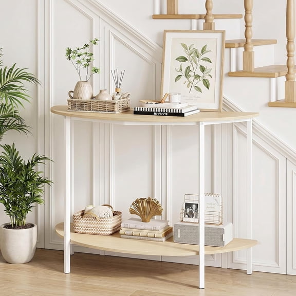 Half Moon Console Table, 40 Inch Narrow Entryway Table with Storage Shelf