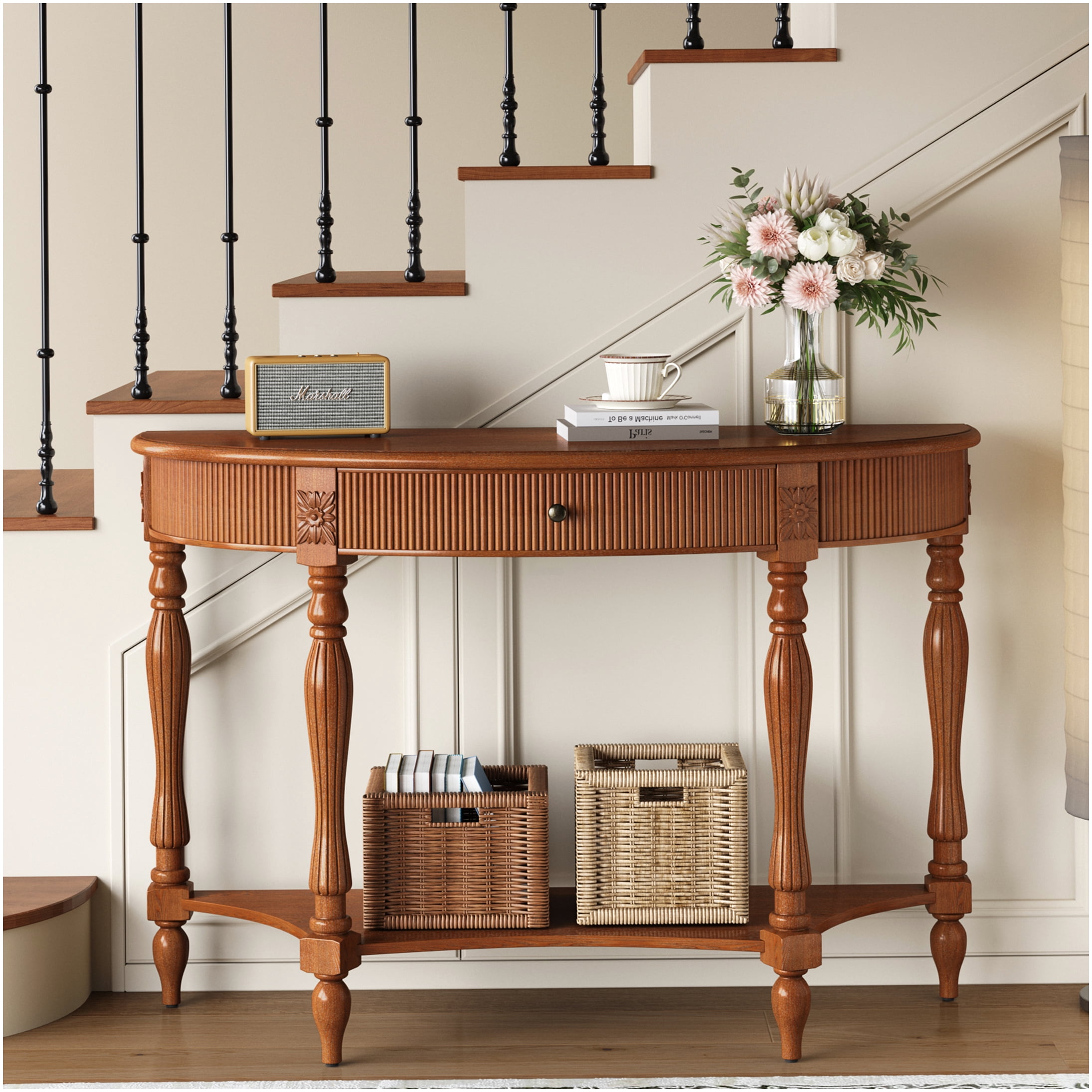 Solid Columns Half Moon Console Table with Drawer and Open Shelf, Roman Column Carved ...