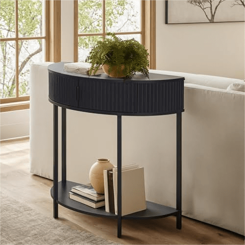 Half Moon Console Table with Drawer Storage, Narrow Entryway Table with Hidden Cabinet & Lower Shelf, Modern Semi-Circle Hallway Console Accent Table for Living Room, Small Spaces$$Furniture