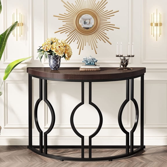 Half Moon Console Table for Entryway, 43 Inch Industrial Semi Circle Sofa Table with Geometric Base, Wood Accent Table for Living Room, Hallway, Foyer, Entrance, Rustic Brown