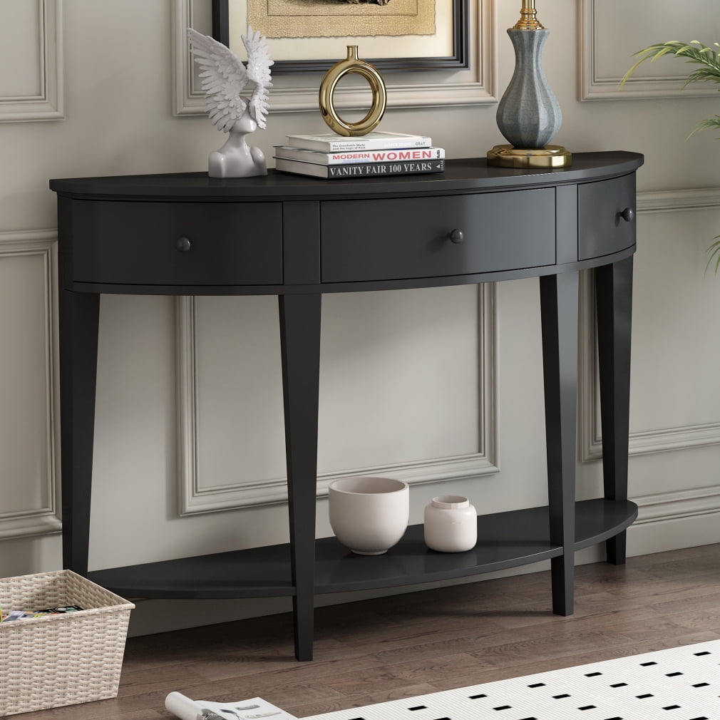 Half Moon Console Table Sofa Table with 3 Drawer and 1 Open Storage Shelf Wooden Accent Storage Cabinet for Living Room Entryway 51.1 W x 13.7 D x 33.4 H Black Walmart