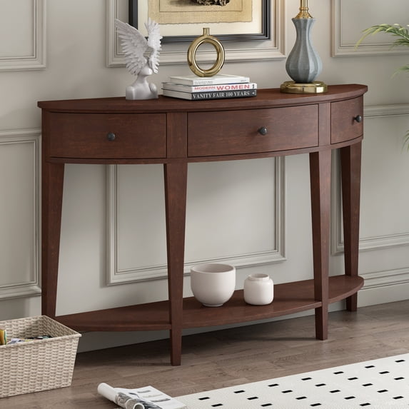Half Moon Console Table Sofa Table with 3 Drawer and 1 Open Storage Shelf, Wooden Accent Storage Cabinet for Living Room/Entryway, 51.1''W x 13.7''D x 33.4''H, Espresso