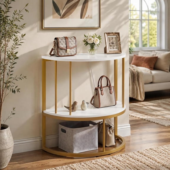 Half Moon Console Table, white, 2-tier, metal frame, with power outlets and storage shelf