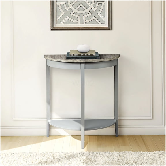 Half Moon Console Table with Storage Shelf, Natural Oak and Gray Finish Sofa Table for Entryway, Living Room