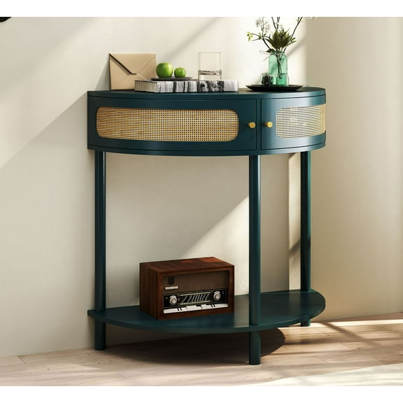 Half Moon Design Console Table with Sliding Rattan Door in Antique Green 31.5x15.75x32.3 Stylish Entryway Storage