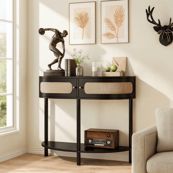 Half Moon Design End Table with Sliding Rattan Door, Half-circle Entryway Console Table with 2 Rattan Storage Cabinet & Bottom Shelf for Living Room, Bedroom, Study, Hallway, Cabinets, Black