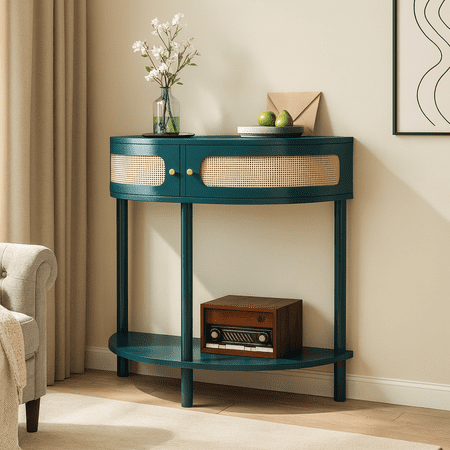 Half Moon Design End Table with Sliding Rattan Door, Semi-circle Entryway Console Table with 2 Rattan Storage Cabinet & Bottom Shelf for Living Room, Bedroom, Study, Hallway, Cabinets, Green