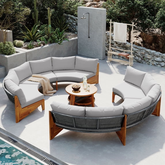Half Moon Design Wood Outdoor Furniture Set 6 - Person Patio Metal Conversation Sets Patio Sectional Sofa Set with Cushions and A Coffee Table(Gray)