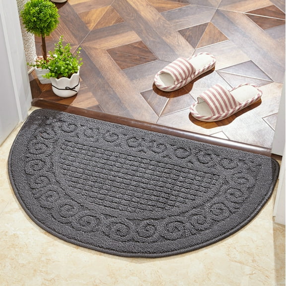 Half Moon Door Mat - 24.8x15.7 Inch Non-Slip Entryway Rug for Apartments, Machine Washable Kitchen/Bathroom Floor Mat with Latex Backing, Gray Indoor Outdoor Carpet (Fits Standard Doors)