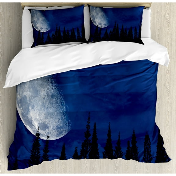 Half Moon Duvet Cover Set, Mystery Night over Forest Silhouette, Decorative 3 Piece Bedding Set with 2 Pillow Shams, Calking Size, Night Blue, by Ambesonne