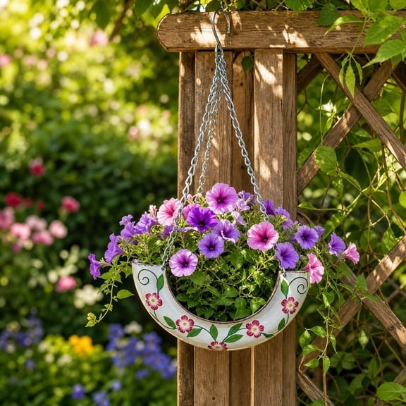 Half-Moon Hanging Planter with Chain, Decorative Painted Metal Flower Basket for Garden & Tree