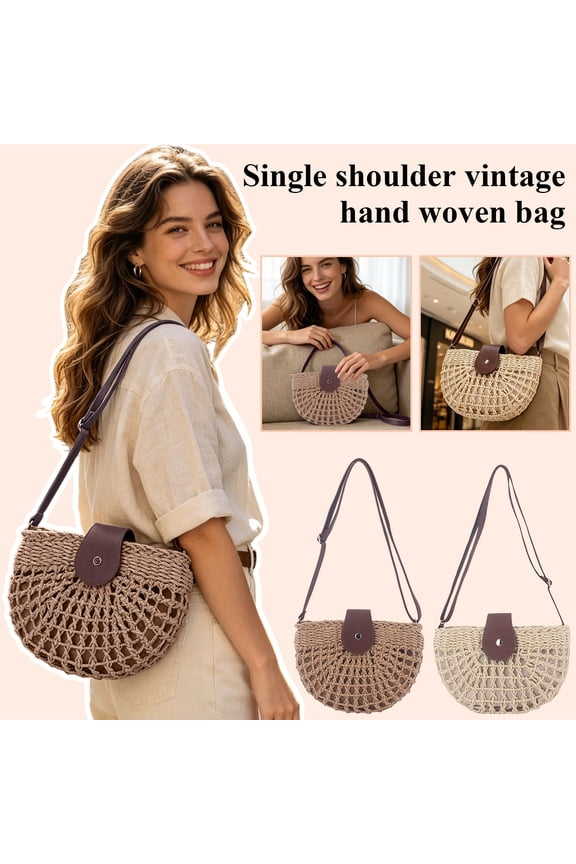 Half Moon Hollow Handwoven Shoulder Bag, Boho Forest Vintage Raffia Straw Crochet Purse Adjustable Leather Strap Breathable Hollow Out Design Lined Inner Pocket Summer Beach Vacation Casual Handbag
