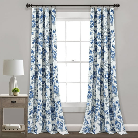 Half Moon Ivana Floral Room Darkening Window Curtain Panels White/Navy 52x84 Set