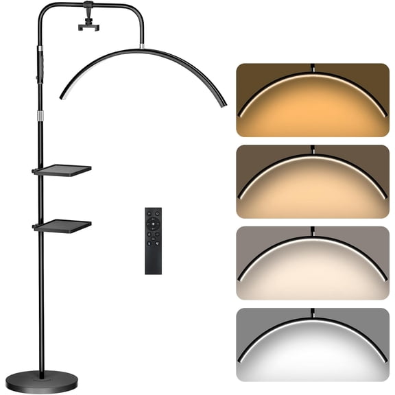 Half Moon Lash Light, 24W 1500LM Dimmable LED Floor Lamp with Adjustable Height for Lash Techs, Tattoo & Nail Artists, 4 Color Modes, Phone Holder & 2 Trays Included