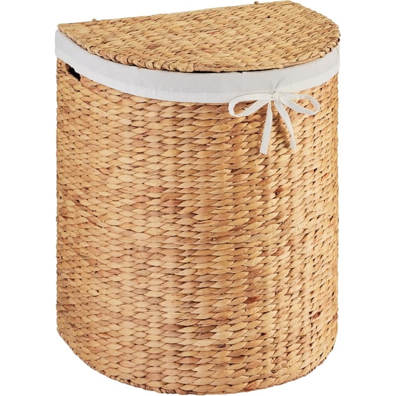 Half Moon Laundry Hamper w/Lid, Woven Half Round Laundry Basket, w/Removable Liner & Bult-in Handles for Bathroom, Bedroom & Laundry Room - Natural