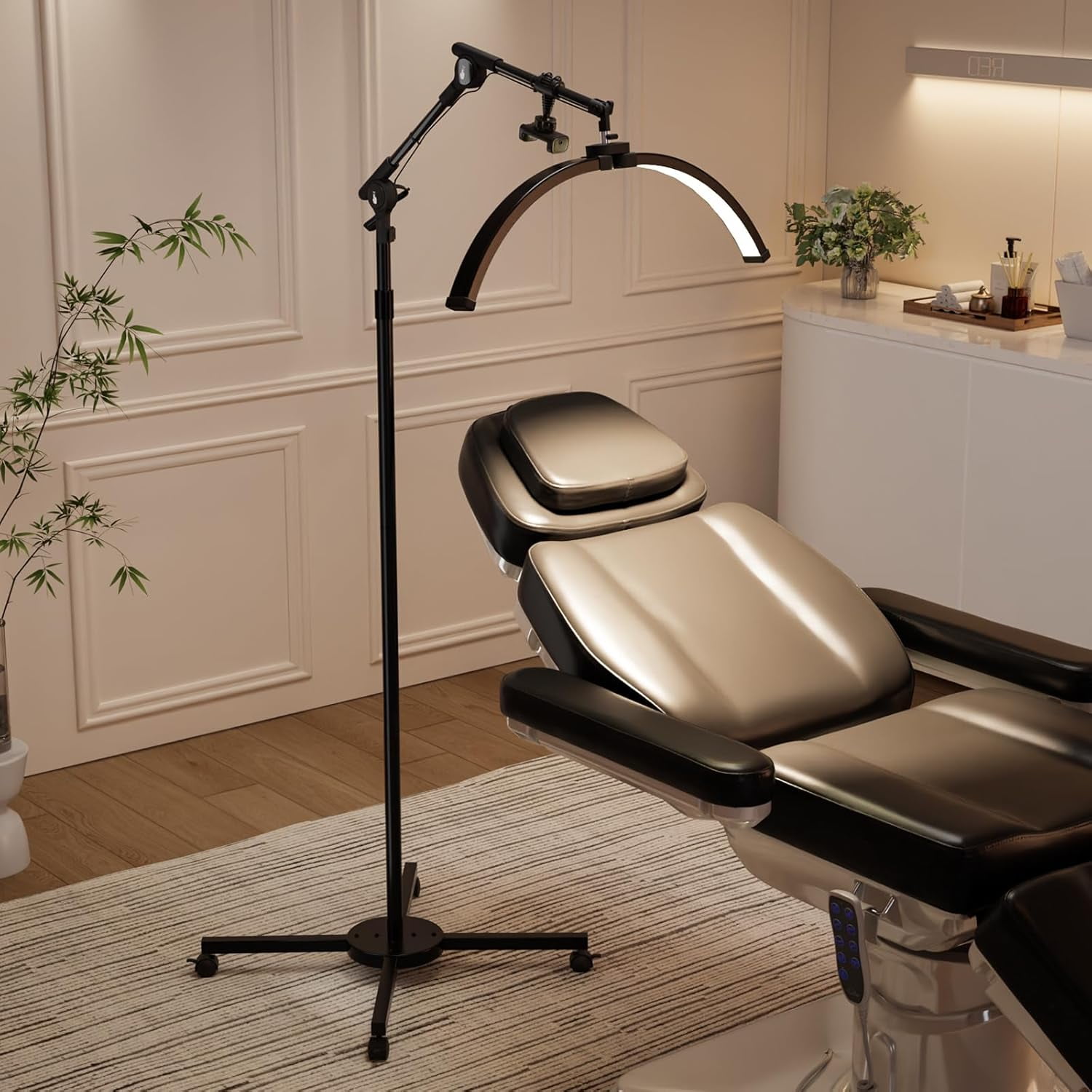 Half Moon Light Lash Lamp, Movable Shadowless LED Floor Lamp w/Adjustable Height & Phone Holder, Dimmable Lighting for Eyelash Extensions, Lash Tech, Nail, Tattoo, Esthetician & Salon (Black)