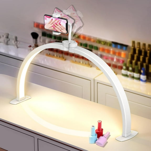 Half Moon Light for Nail Desk: 29" Foldable Half Moon Desk Lamp with Phone Holder for Beginner - Arch Nail Tech Light with 3 Color Modes & 10 Brightness for Manicure Salon (White, Large)