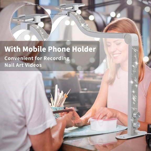 Half Moon Light for Nail Desk, 34.5In Foldable Square Nail Tech Lamp with Phone Holder, 3000-6000K Dimmable Half Moon Manicure Light for Lash Eyelash Extension, Tattoo, Eyebrows, Crafts (White, A)